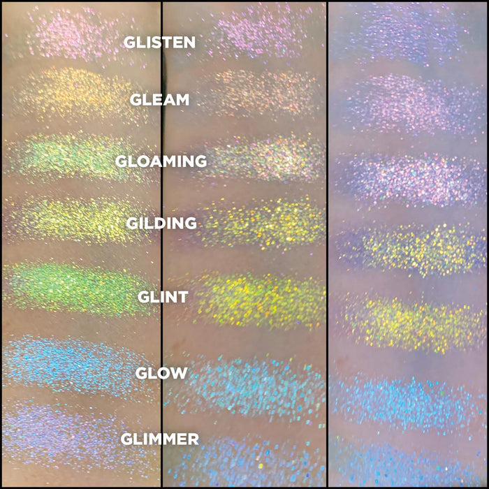 Swatches of Glimmer Glitter-Type Iridescent Multichrome Eyeshadow shifts blue-indigo-violet compared to Gloaming, Gleam, Glisten, Glow, Gilding, Glint