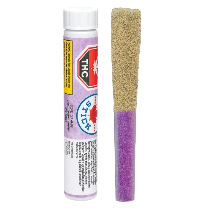 Vertical product shot of Gloves Off Grape Infused PR 1 x 1 g showing its purple-wrapped tube beside a two-toned pre-roll with a gold kief top.
