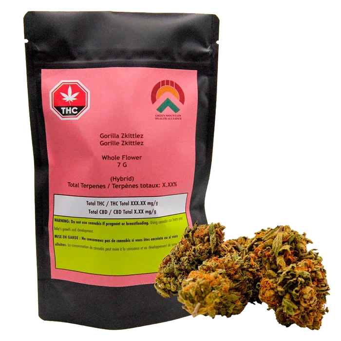 Black pouch with a pink label and cannabis buds in front, showing the Gorilla Zkittlez name and 7 g text.