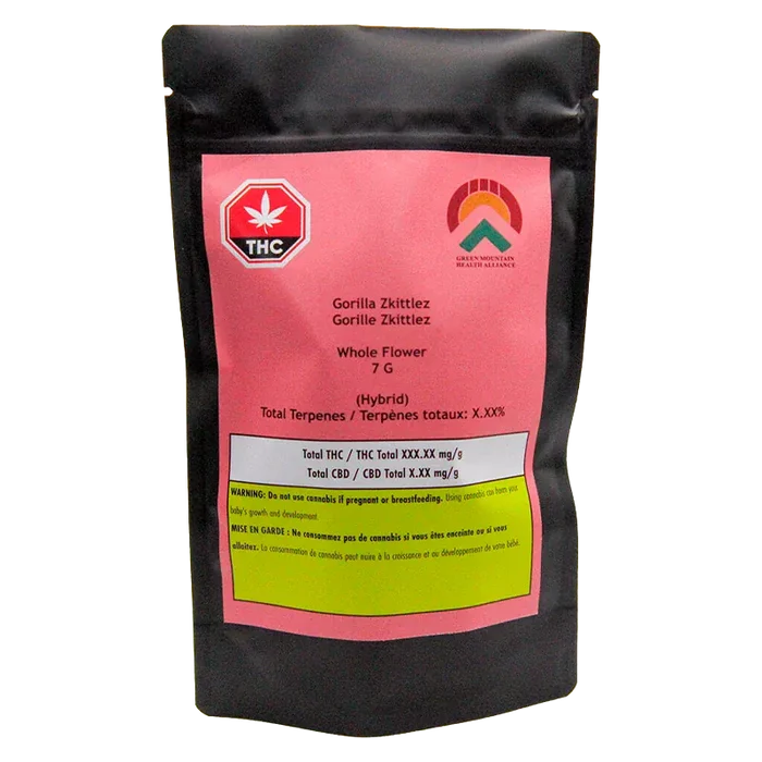 Standing upright against white, the Gorilla Zkittlez black pouch shows a pink label with THC icon, logos, and product text.