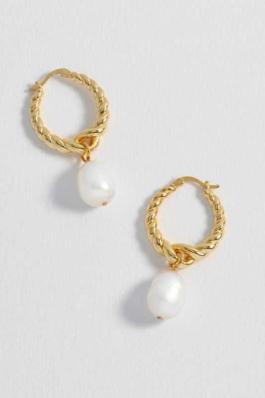 Graduating Twist Pearl Drop Hoop Earrings