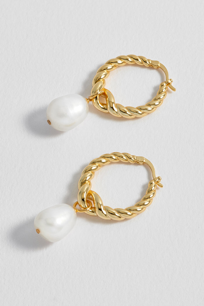 Graduating Twist Pearl Drop Hoop Earrings