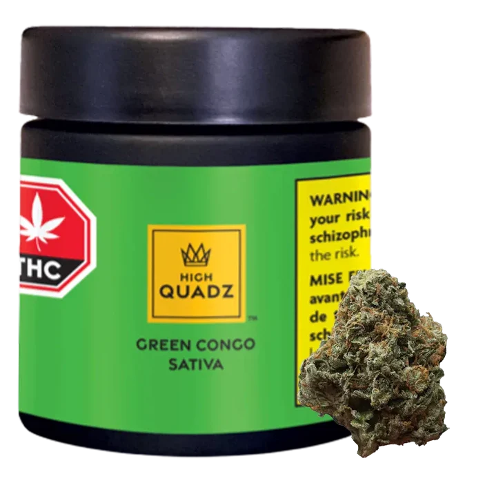 Close-up front view of a black jar labeled High Quadz Green Congo Sativa on a bright green label with a cannabis bud beside it.