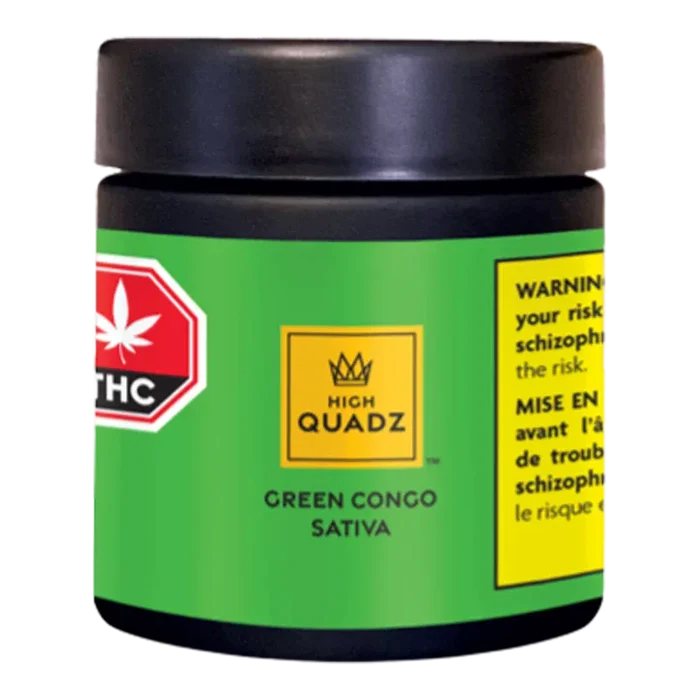 Front view of the High Quadz Green Congo sativa jar with a bright green label, centered logo, and warning panel at right.