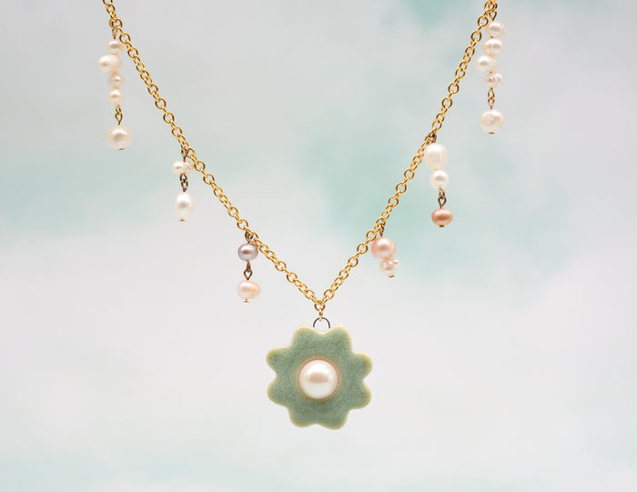 Green Daisy with Pearl Necklace