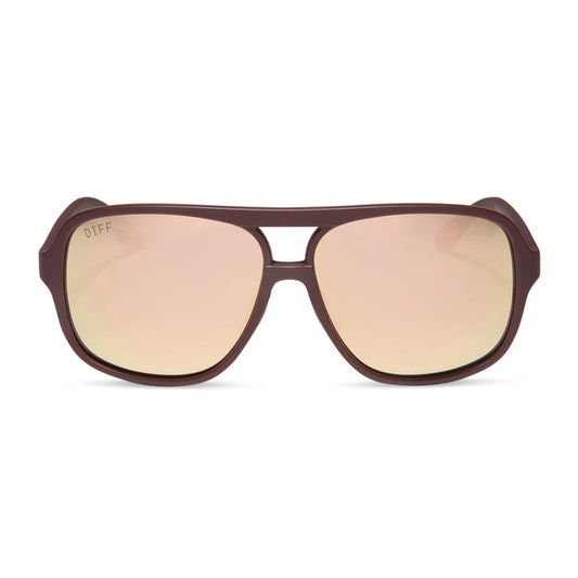 diff sport featuring the hangtime aviator sunglasses with a matte rugby red frame and champagne mirror polarized lenses front view