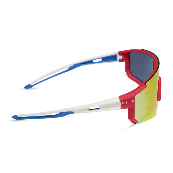 diff sport featuring the heat shield sunglasses with a firecracker red frame and sunset mirror polarized lenses side view