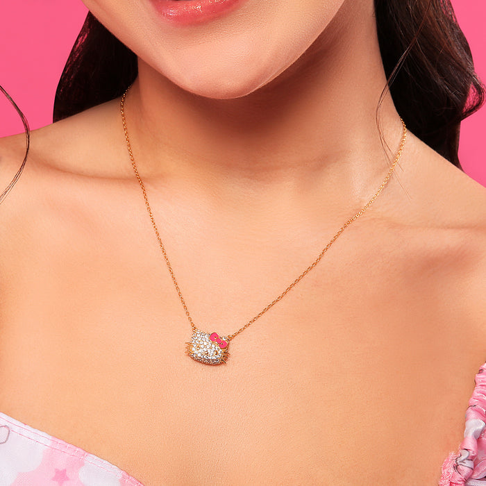 Hello Kitty 18” Gold Plated Face Pave 3D Necklace Jewelry JACMEL JEWELRY INC