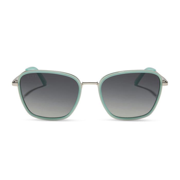 jena sims x diff eyewear featuring the hope cat eye sunglasses with a bronco blue frame and grey gradient polarized lenses front view