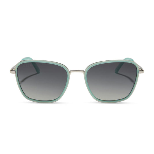jena sims x diff eyewear featuring the hope cat eye sunglasses with a bronco blue frame and grey gradient polarized lenses front view