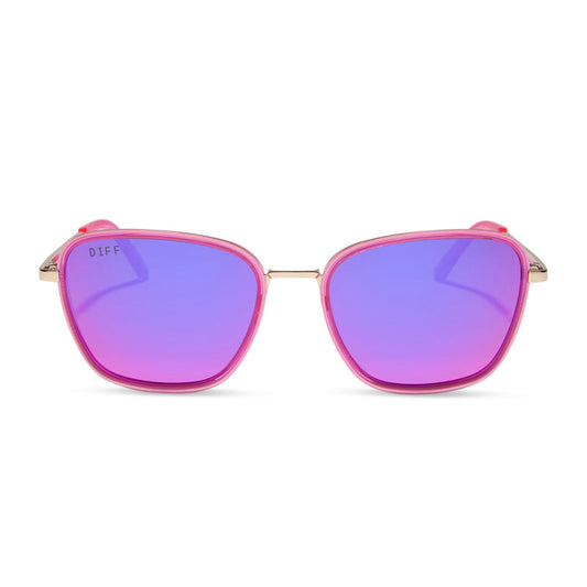 jena sims x diff eyewear featuring the hope cateye sunglasses with a hot pink and gold frame and hot pink mirror lenses front view