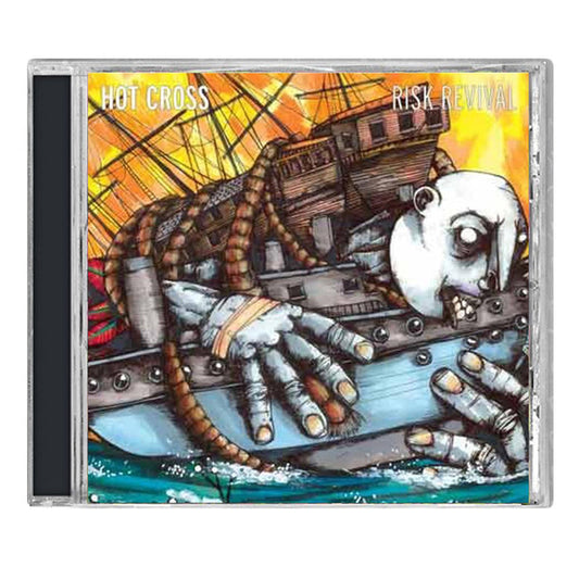 Hot Cross CD cover for Risk Revival, showing an illustrated giant pale figure entangled in ropes, clutching a ship with a distressed look against a fiery sky—reflecting the bands intense hardcore energy.