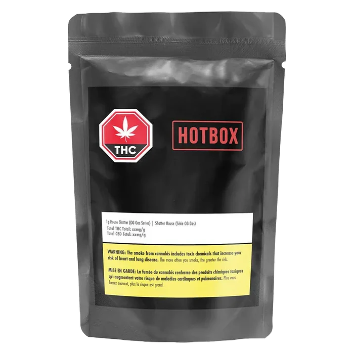 Front-facing pouch shot of House Shatter branded HOTBOX package with a black background, red THC stop sign logo, and yellow warning panel.