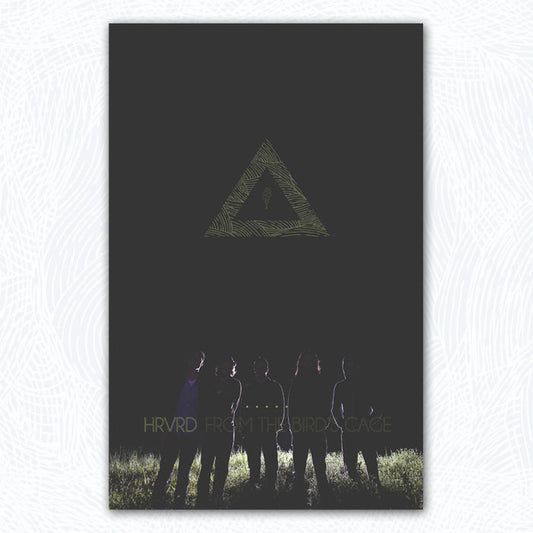 Vertical poster with five men standing in a field at night. They are being lit up, but you can still only see their outline. Above them is a Green etched Triangle. The transparent text "HRVRD FROM THE BIRDCAGE" is printed over the men.