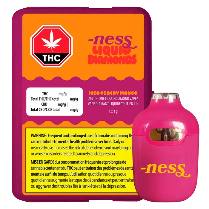Front view of the Iced Peachy Mango Disposable Vape showing a pink pod-style device beside its orange-and-purple labeled 1 g packaging.