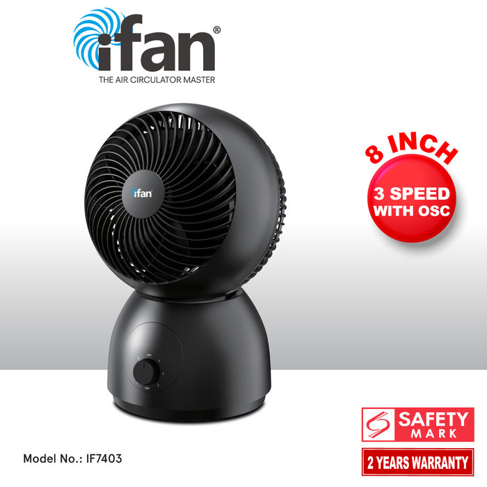 iFan 8" Air Circulator Fan – Concentrated Airflow, Desk Fan, Adjustable Tilt, Oscillation, Portable, Silent, 3-Speed, black, IF7403
