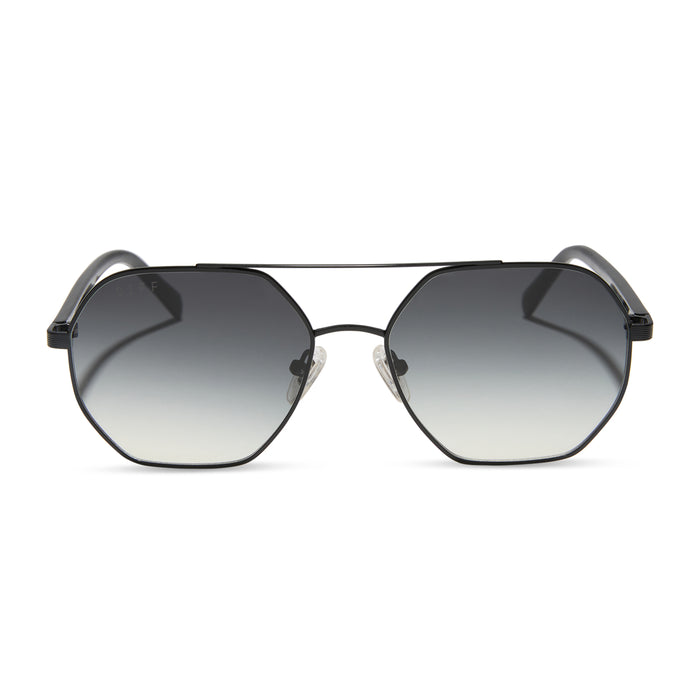 jojo fletcher x diff eyewear joelle navigator sunglasses with a black metal frame and grey gradient polarized lenses front view