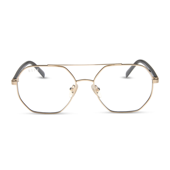 jojo fletcher x diff eyewear joelle navigator glasses with a gold metal and chocolate temple frame front view