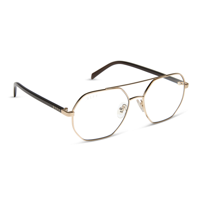 jojo fletcher x diff eyewear joelle navigator glasses with a gold metal and chocolate temple frame angled view