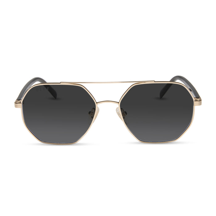 jojo fletcher x diff eyewear joelle navigator prescription sunglasses with a gold metal and chocolate temple frame front view