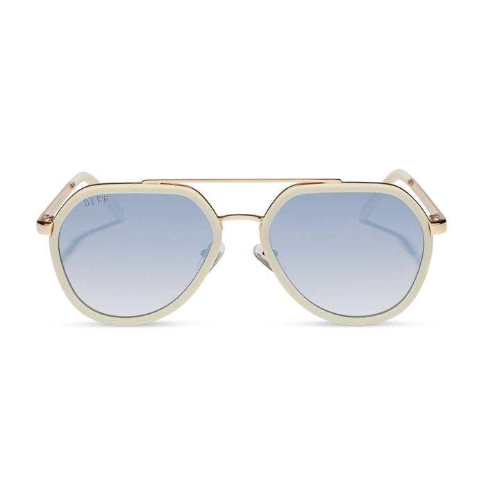 diff eyewear featuring the joey round sunglasses with a courtside ivory & gold metal frame with blue slate gradient flash lenses front view