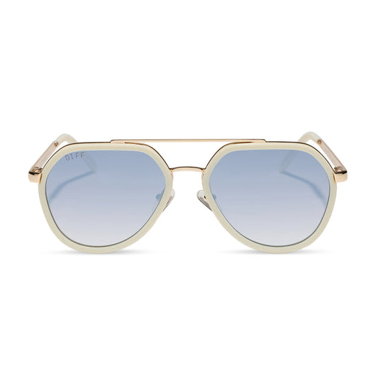 diff eyewear featuring the joey round sunglasses with a courtside ivory & gold metal frame with blue slate gradient flash lenses front view