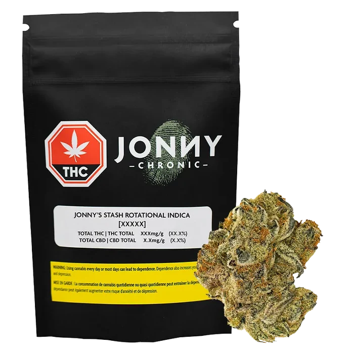 Front view of a black pouch and a single bud, showing the Jonny's Stash Rotational package artwork and a close-up of the green, orange-flecked nug.