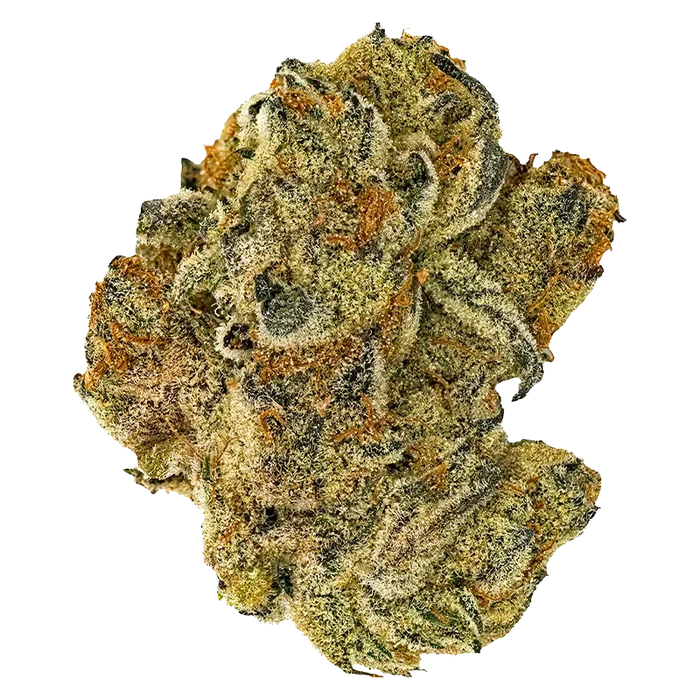 Close-up top view of a dense, trichome-coated bud labeled Jonny's Stash Rotational against a white background.