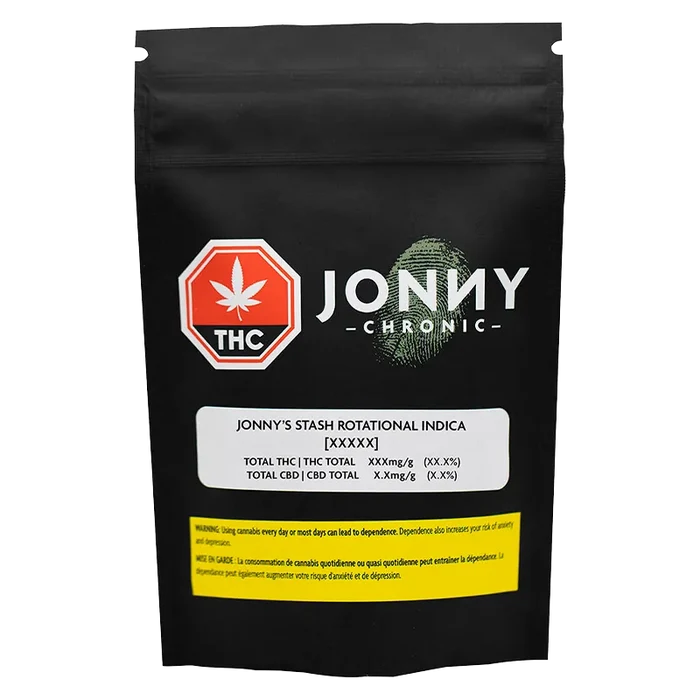 Front-facing shot of a black pouch labeled Jonny's Stash Rotational with logo, white info panel, and yellow warning box.