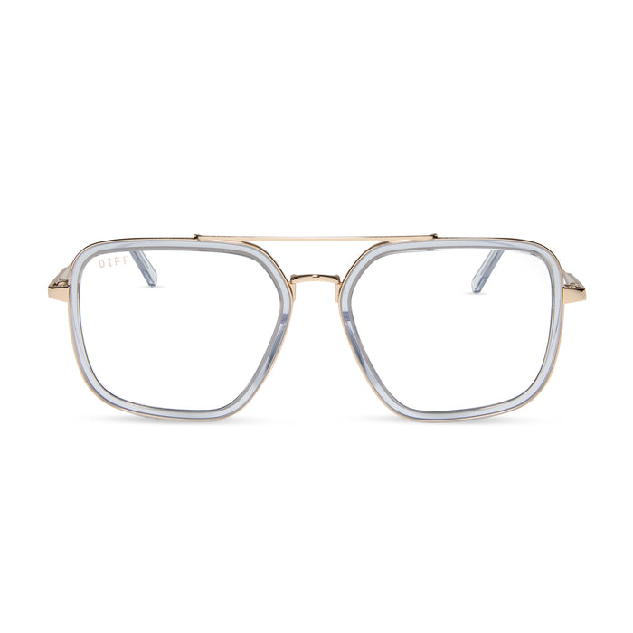 diff eyewear featuring the jordan navigator prescription glasses with a gold frame, clear crystal temple tips front view