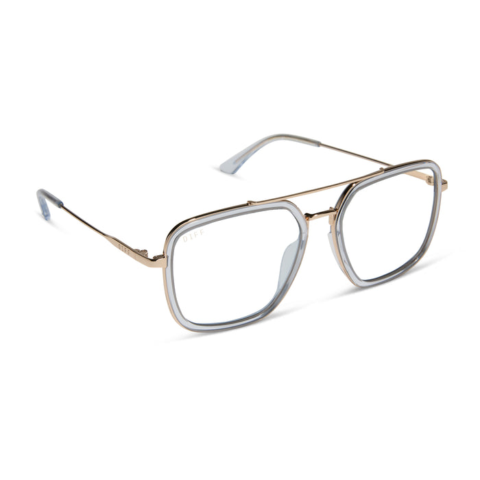 diff eyewear featuring the jordan navigator prescription glasses with a gold frame, clear crystal temple tips angled view