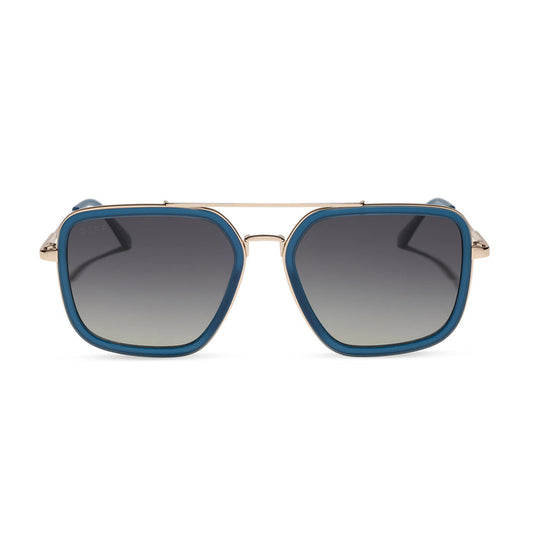 diff eyewear featuring the jordan navigator sunglasses with a clubhouse blue frame and gold metal with grey gradient polarized lenses front view