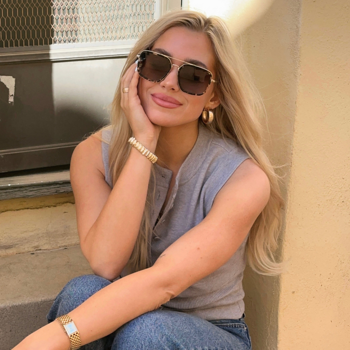customer content - Shelby Hunstad wearing the Jordan Confetti Tortoise womens navigator sunglasses by DIFF Eyewear