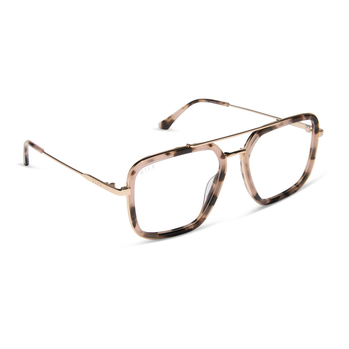 diff eyewear featuring the jordan navigator prescription glasses with a himalayan tortoise and gold metal frame angled view