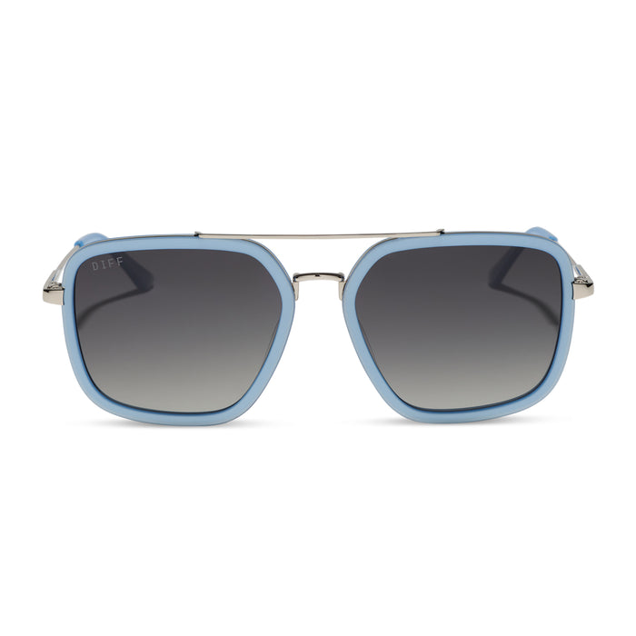 diff eyewear featuring the jordan navigator sunglasses with a light blue and silver frame with grey gradient polarized lenses front view