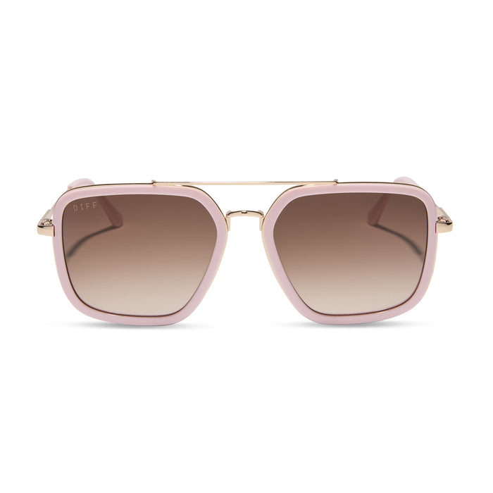 diff eyewear featuring the jordan navigator sunglasses with a powder pink with gold frame and brown gradient lenses front view
