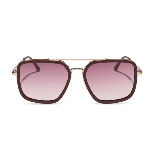 diff eyewear featuring the jordan navigator sunglasses with a rugby red and gold  metal frame with burgundy gradient lenses front view