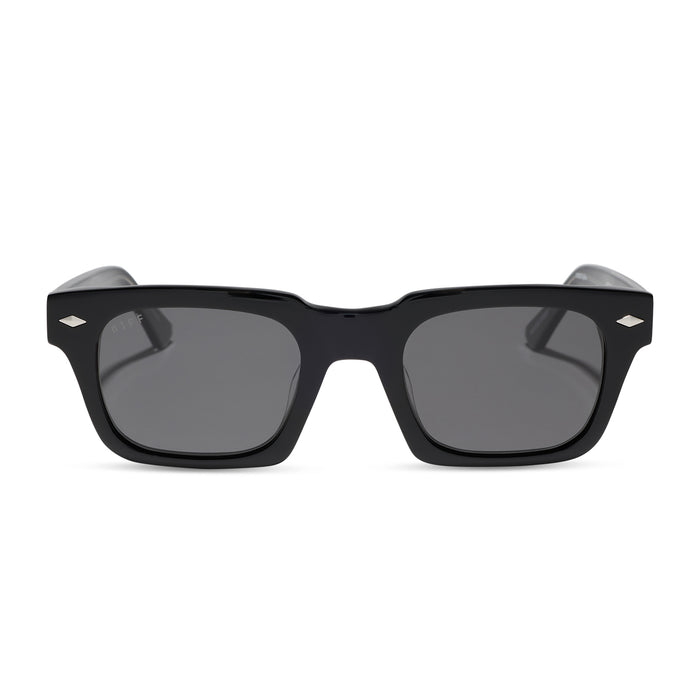 yellowstone x diff eyewear featuring the kayce dutton square sunglasses with a classic black acetate frame and grey polarized lenses front view