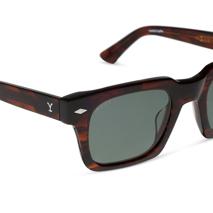 yellowstone x diff eyewear featuring the kayce dutton square sunglasses with a western sequoia acetate frame and green g15 polarized lenses detailed view
