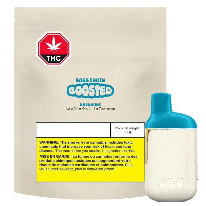 Studio-lit front view of a beige pouch and teal-topped device labeled Kush Mint BOOSTED Disposable Vape, with a yellow THC warning panel.