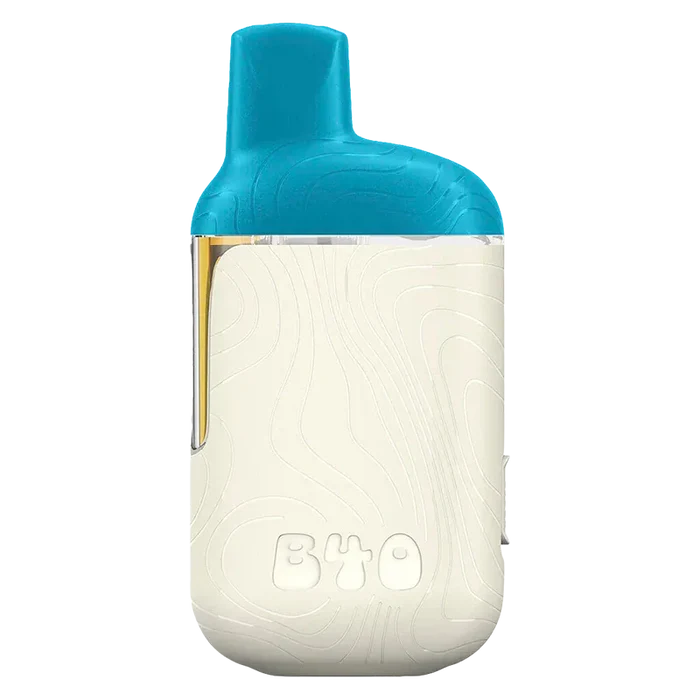 Front-facing shot of the Kush Mint BOOSTED Disposable Vape showing its cream textured body embossed with "BYO" and a bright teal mouthpiece.