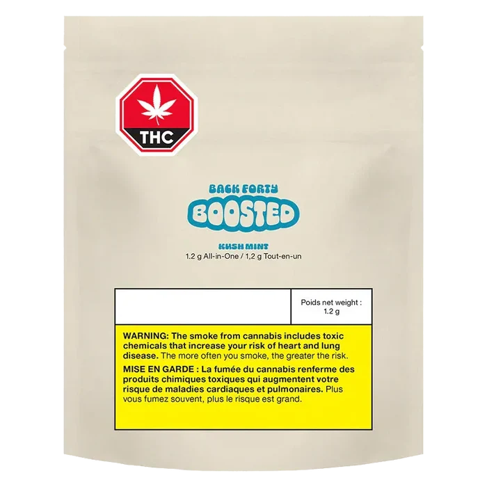 Centered front view of a beige pouch labeled "Kush Mint BOOSTED Disposable Vape" with a teal BOOSTED logo, red THC stop sign, and a yellow health warning panel.