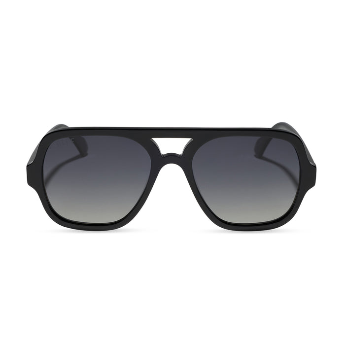 diff eyewear featuring the layton navigator sunglasses with a black acetate frame and grey gradient polarized lenses front view
