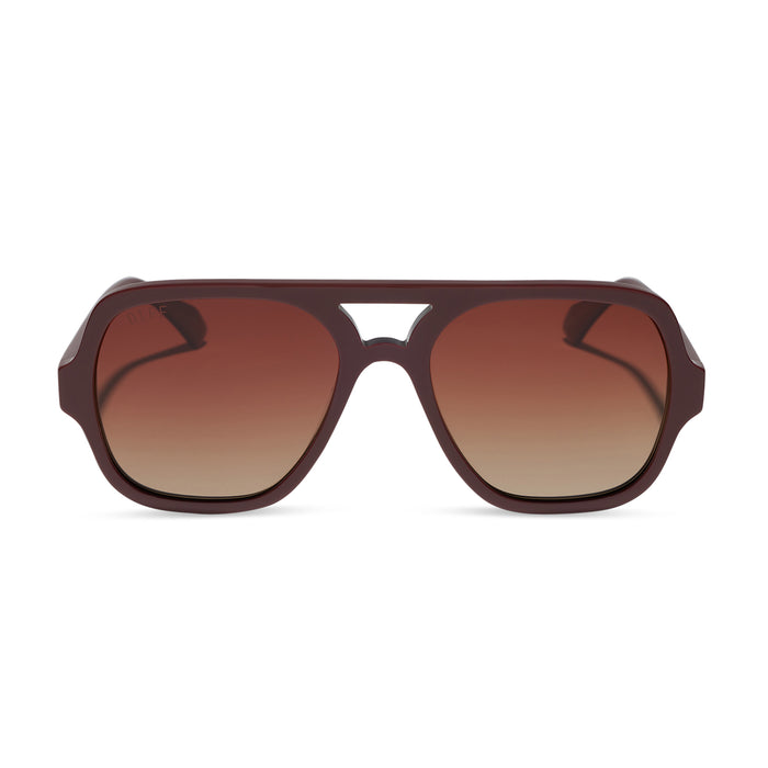 diff eyewear featuring the layton navigator sunglasses with a rugby red acetate frame and brown gradient polarized lenses front view