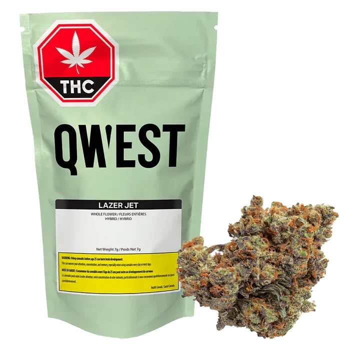 Front view of the mint-green QWEST Lazer Jet Craft pouch with bold black lettering and a cannabis bud at the lower right.