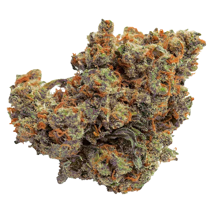 Close-up of a dense, frosty cannabis bud with purple and green hues and orange pistils, labeled Lazer Jet Craft.