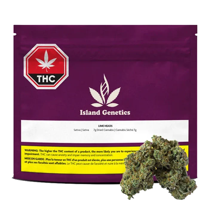 Front-facing shot of the purple pouch and visible buds labeled Island Genetics Lime Heads, with a THC stop-sign icon at top left.