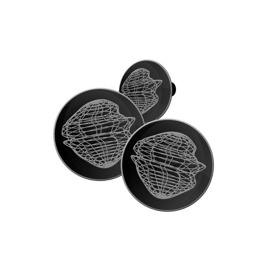 Three black Gatherers lapel pins feature abstract white wireframe designs of distorted 3D shapes, arranged on a white background. Bold lines make each pin a unique statement accessory.
