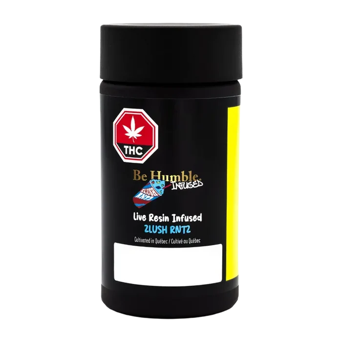 Front-facing photo of a black cylindrical jar labeled Live Resin Zlush Rntz Infused PR 3 x 0.6 g with a red THC octagon and yellow side stripe.