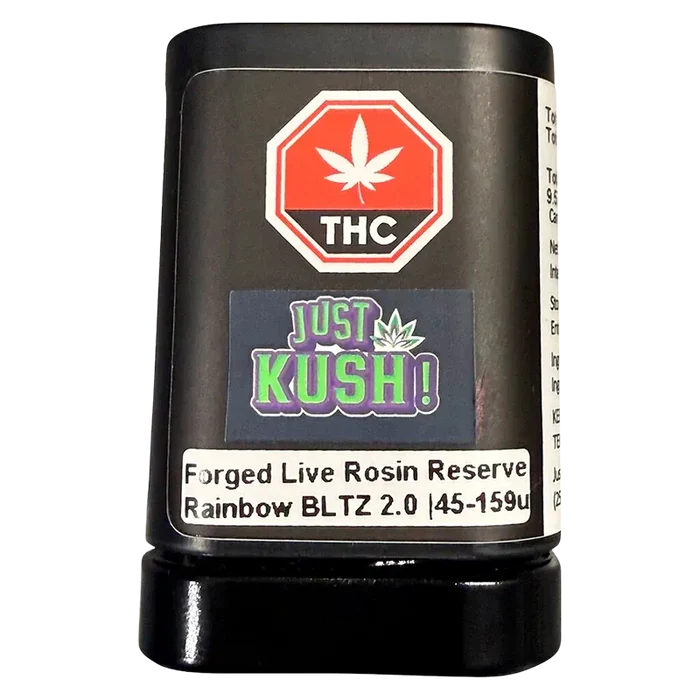 Front-facing close-up of the Live Rosin Reserve tube label reading "JUST KUSH!" beneath a red THC symbol.